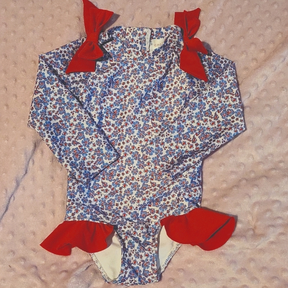 Floral Kids Swim One Piece with Red Accents